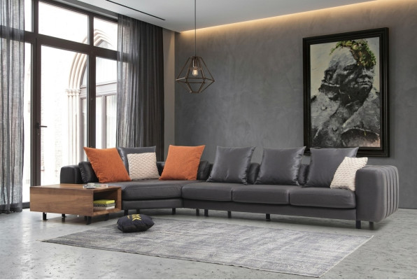 Stūrsofa Stūrgarnitūra L formā Pārklājuma dīvāns Auduma dīvāns Pelēks Dīvāns Galds Couch