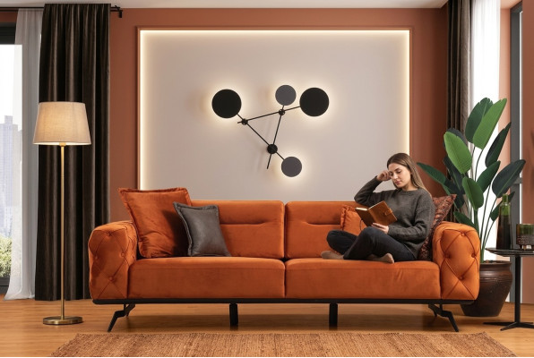 Trīsvietīga oranža dīvāna 3 vietu auduma chesterfield dīvāns