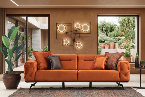 Trīsvietīga oranža dīvāna 3 vietu auduma chesterfield dīvāns