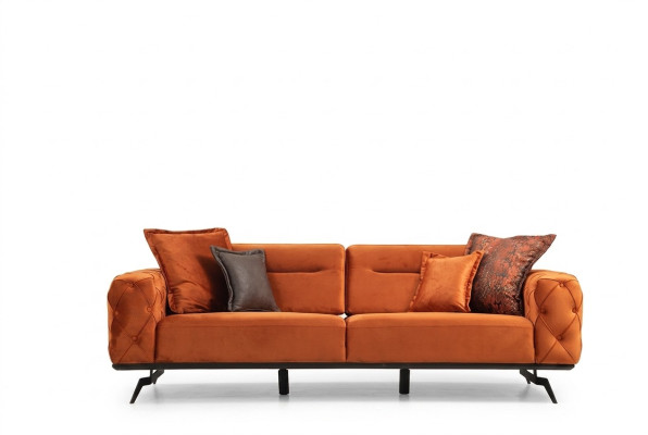 Trīsvietīga oranža dīvāna 3 vietu auduma chesterfield dīvāns