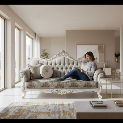 Klasiska sofa ar Chesterfield dizainu dzīvojamā telpā Pelēks dzīvojamā telpa