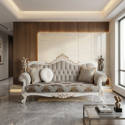 Klasiska sofa ar Chesterfield dizainu dzīvojamā telpā Pelēks dzīvojamā telpa