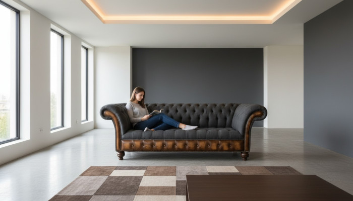 Dizainas Melna sofa 3-vietīga Chesterfield auduma dīvāns Dīvāns Polster New