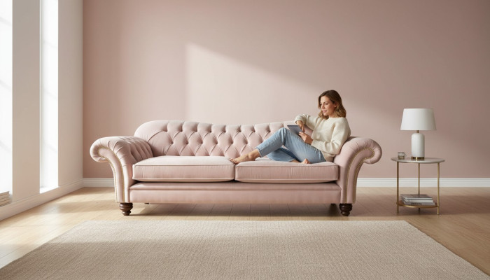 Sofa ar trim vietām Chesterfield Couch Sēdēt Esošais audums Rozā Polster