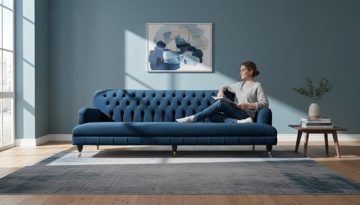 Greznas dizainera gultas stils Chesterfield stilā ar četriem sēdvietām zilā krāsā
