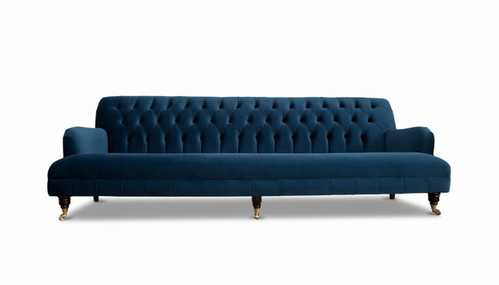 Greznas dizainera gultas stils Chesterfield stilā ar četriem sēdvietām zilā krāsā