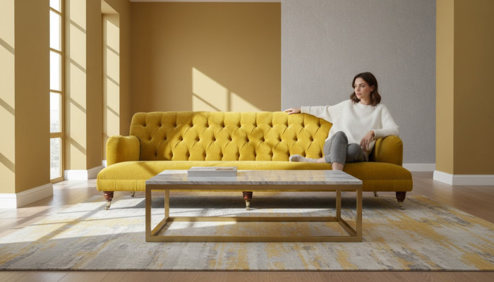 Dizaina Chesterfield Chesterfield tekstila Dzeltena 5 vietas dīvāns ar polsteri, jauns
