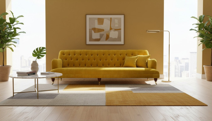Dizaina Chesterfield Chesterfield tekstila Dzeltena 5 vietas dīvāns ar polsteri, jauns
