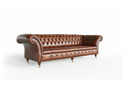 Dīvāns ar četrām sēdvietām, Chesterfield dizains, luksusa dīvāns, jaunas brūnas krāsas.