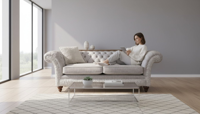 Mūsdienu trimvietīgā dizaina auduma ādas dīvāns 3-vietīgs dzīvojamā istabas dīvāns Chesterfield Beige