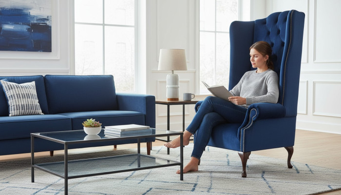 Krēsls Chesterfield Sofa Tekstils Viesistaba Pildspalva Zils Luksuss Austiņkrēsls