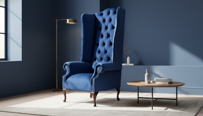 Krēsls Chesterfield Sofa Tekstils Viesistaba Pildspalva Zils Luksuss Austiņkrēsls