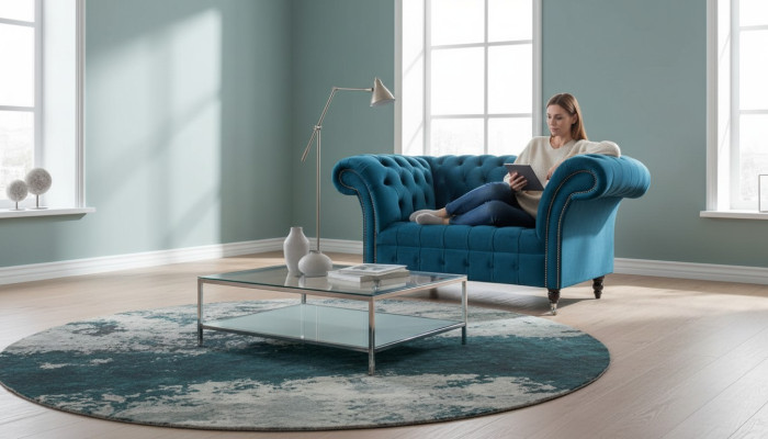 Chesterfield krēsla dizaina pārklāta sofa dīvāns zils tekstila mēbeles