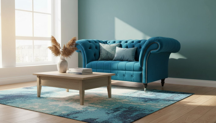 Chesterfield krēsla dizaina pārklāta sofa dīvāns zils tekstila mēbeles