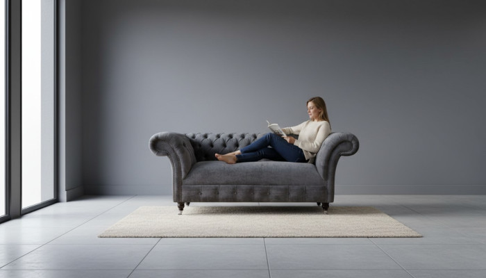 Chesterfield dīvāns, 2 vietu, polsterēts auduma dizains, luksusa dīvāni, tekstils.