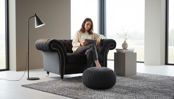 Chesterfield krēsla Lounge melna dīvāns kanapē polster moderns audums jauns