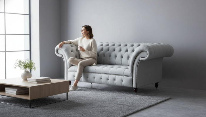 Chesterfield dīvāns Polster mēbeles divvietīgs pelēks dīvāni āda