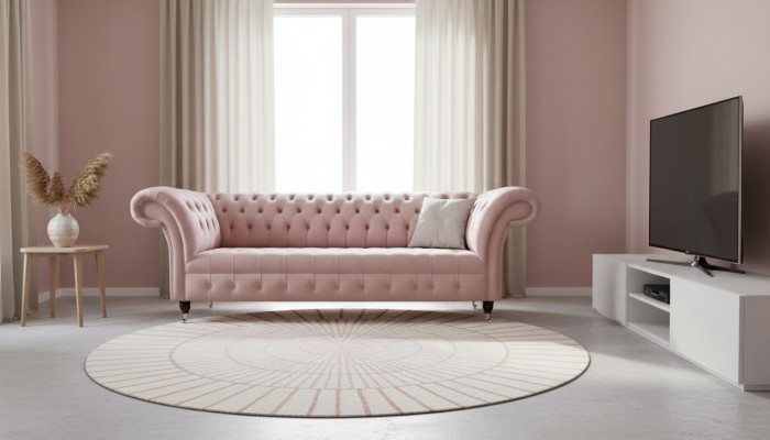 Chesterfield 3-vietīgā rozā dizaina dīvāns ar auduma polsterējumu un pārvilkuma materiālu