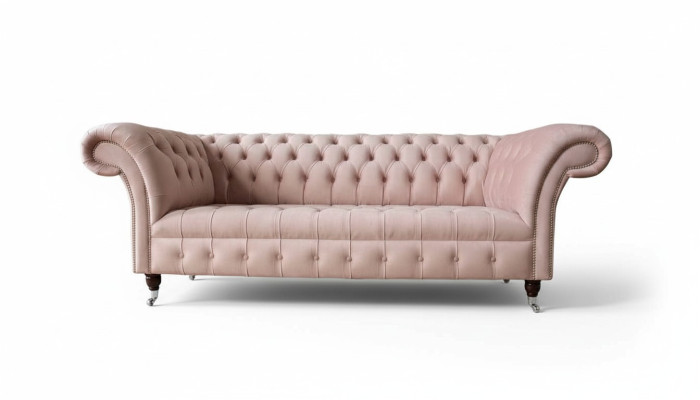 Chesterfield 3-vietīgā rozā dizaina dīvāns ar auduma polsterējumu un pārvilkuma materiālu