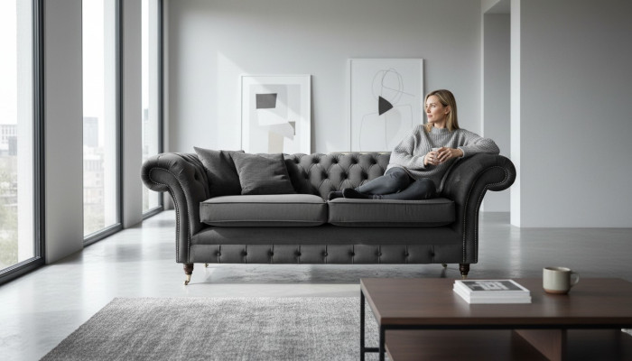 Dizaina Chesterfield dīvāns 3 sēdvietas pelēks dīvāns mīksto mēbelu-istabā.