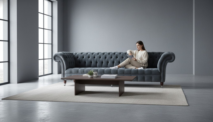 Četrvieta dīvāns 4-vietīgs dīvāns Moderns Pelēka dizaina audums Chesterfield