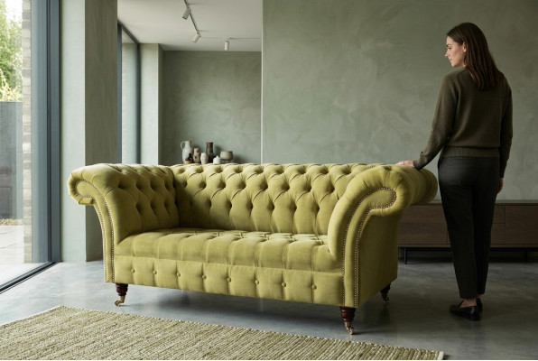 Divvietīga dīvāna sofa Greznības divvietīgais dīvāns dzīvojamistabai gaiši zaļš Chesterfield audums - jauns