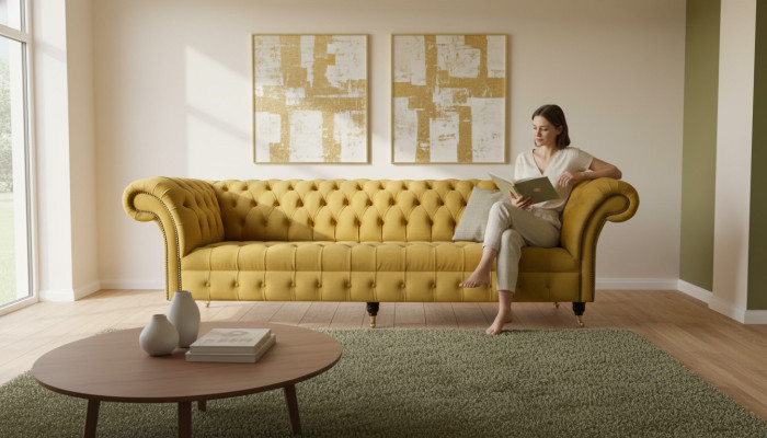 Chesterfield Tekstila Polsterējums Luksusa Dīvāns Dizaina Dīvāns 4 Vietīgs Jauns