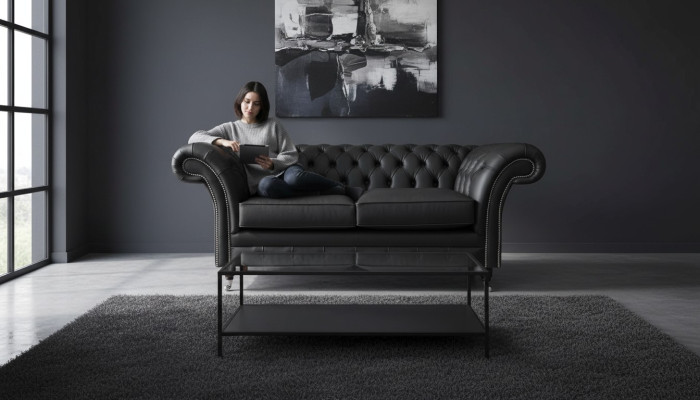 Dīvāns Luksusa Audums Chesterfield Sofa Dīvāni Polster 2 Situācijas Melns Āda