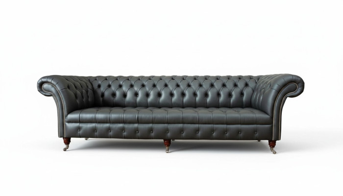 Grezns četrvietīgs dīvāns, četrvietīgs Chesterfield angļu stilā ar auduma dizainu viesistabai.