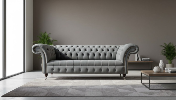 Angļu Chesterfield kanapējsofa biroja mēbeles trīsvietīgs samts 230cm pelēka