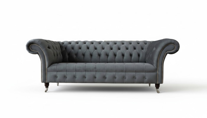 Angļu Chesterfield kanapējsofa biroja mēbeles trīsvietīgs samts 230cm pelēka