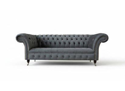 Angļu Chesterfield kanapējsofa biroja mēbeles trīsvietīgs samts 230cm pelēka