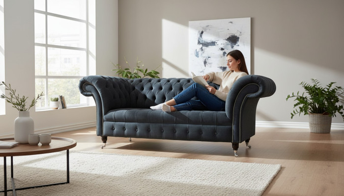 Sofa 2 sitērsofa dizains Chesterfield sēdekļi izsmalcināta tekstila apdare jauns.