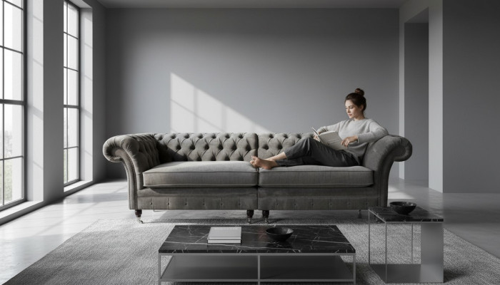 Chesterfield četrvietas dīvāns 4 sēdvietu dīvāns audums poliesters pelēks mēbeles