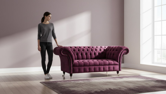 Dīvāns no augstvērtīga auduma Chesterfield dīvāna dīvāna sofa, divvietīgā rožu krāsa dizainā.