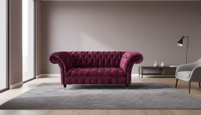 Dīvāns no augstvērtīga auduma Chesterfield dīvāna dīvāna sofa, divvietīgā rožu krāsa dizainā.
