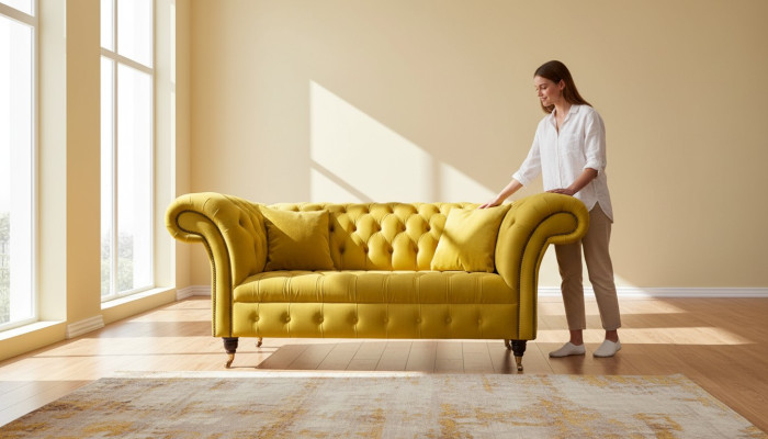 Chesterfield dīvāns, dīvāns, ar diviem sēdekļiem, dzīvojamā istaba, dīvāni, dzeltena krāsā.