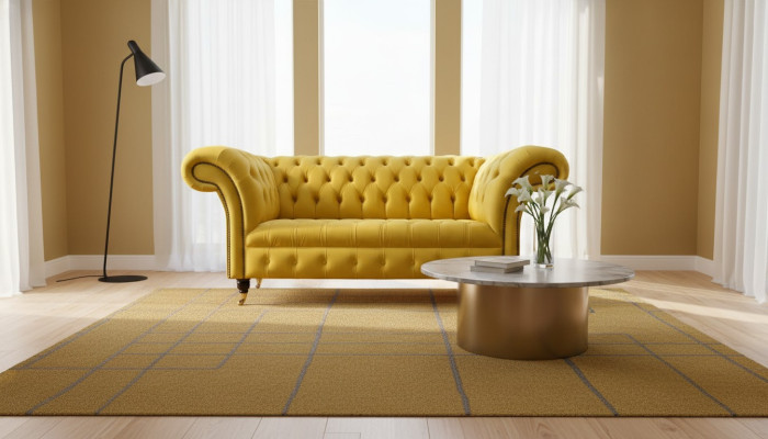 Chesterfield dīvāns, dīvāns, ar diviem sēdekļiem, dzīvojamā istaba, dīvāni, dzeltena krāsā.