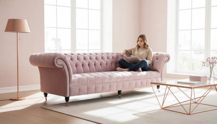 Chesterfield rozā dīvāna sofa polster 4 vietām dīvāni sēdekļi.