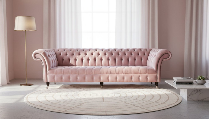 Chesterfield rozā dīvāna sofa polster 4 vietām dīvāni sēdekļi.