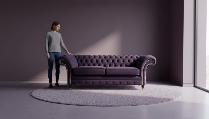 "Chesterfield angļu klasiskais stils dīvāns 3 sēdvietām, līda polsteris, violeta krāsa, 230 cm"