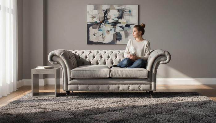 Chesterfield pelēks dīvāns ar 2 sēdvietām, koka mēbeles, trīsvietīgs dīvāns, jauns.