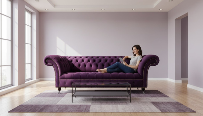 Lila Chestefilda sofa 3-vietīga Chesterfield dizaina dīvāns, auduma materiāls.
