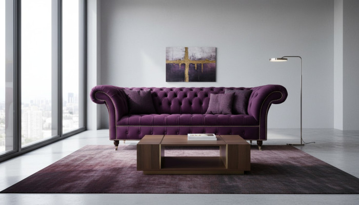 Lila Chestefilda sofa 3-vietīga Chesterfield dizaina dīvāns, auduma materiāls.