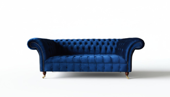 Zils Chesterfield trīsvietīgs dīvāns 3-vietīgie dīvāni luksusa tekstila dīvāni.