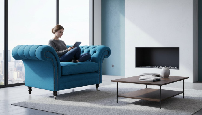 Zilais Česterfilda krēsls, polsterētais dīvāns, sofa, 1,5 sēdvietu, vienas sēdvietas, tekstils