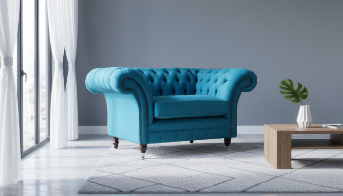 Zilais Česterfilda krēsls, polsterētais dīvāns, sofa, 1,5 sēdvietu, vienas sēdvietas, tekstils