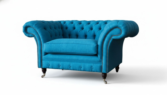 Zilais Česterfilda krēsls, polsterētais dīvāns, sofa, 1,5 sēdvietu, vienas sēdvietas, tekstils