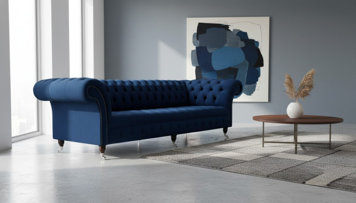 Sofa Chesterfield dīvāns, 4-vietīgs polsterēts auduma dīvāns dzīvojamās istabas mēbeles.