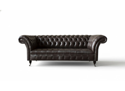 Trīsējama Chesterfield sofa 3 sēdvietu dīvāns brūns ādas dzīvojamā istaba augstā izpildījumā.